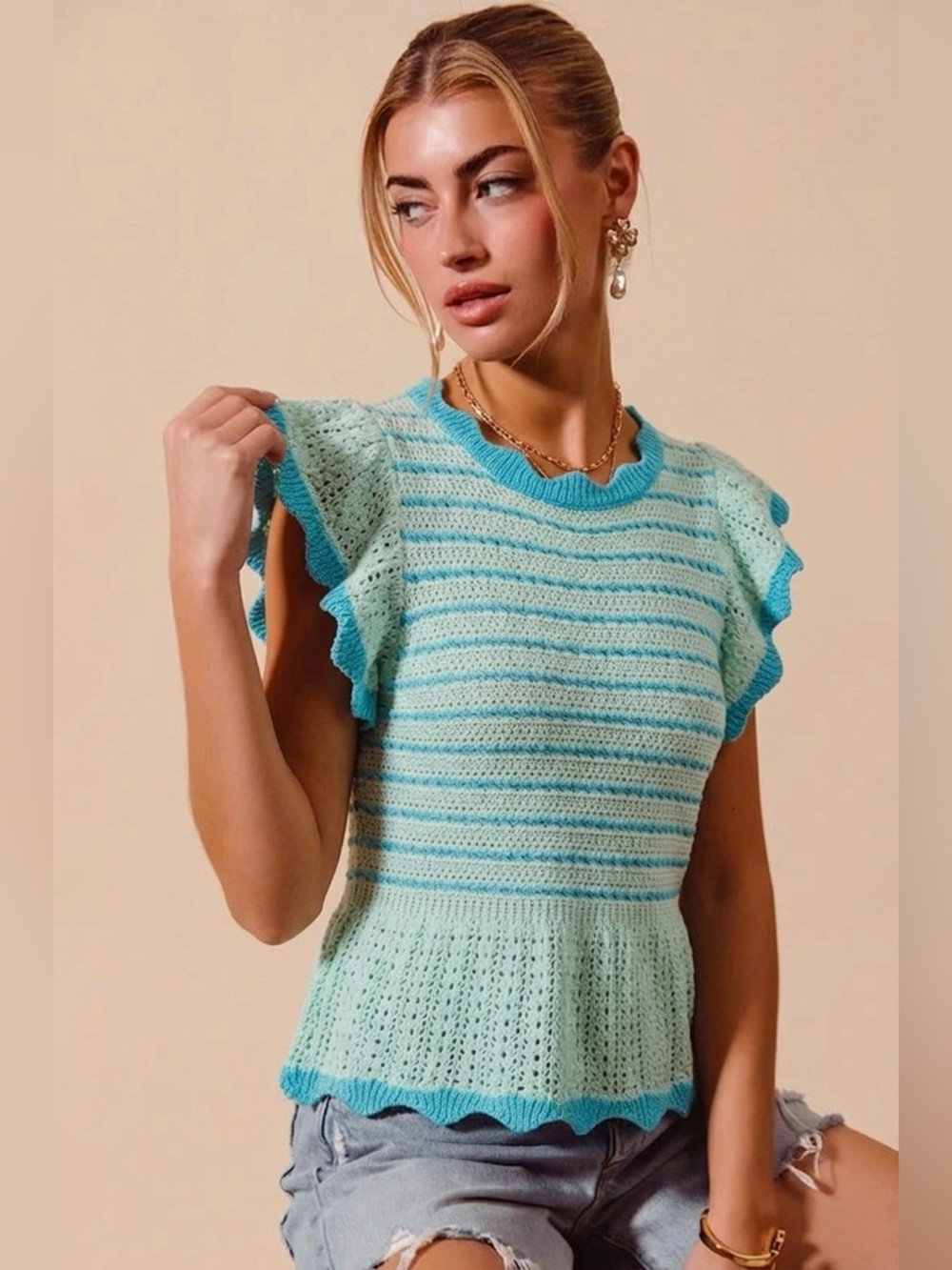 Easel Light Aqua Ruffle-Sleeve Knit Top